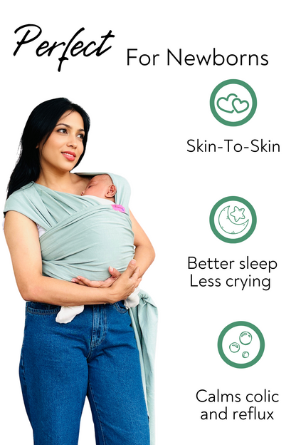 I mother standing realxed with her sleeping 4 month old baby, wrapped to her in a kangaroo wrap. text with the image as follows: Perfect for newborns. Benefits: Skin-to-skin contact, Better sleep, Less crying, Clams colic and refulx